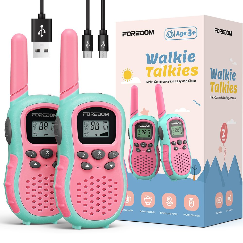FOREDOM Rechargeable Walkie Talkies for Kids Walkie Talkies Long Range for Boy & Girl Age 3 to 12 Year Old Birthday Toys with Flashlight, 2 Pack