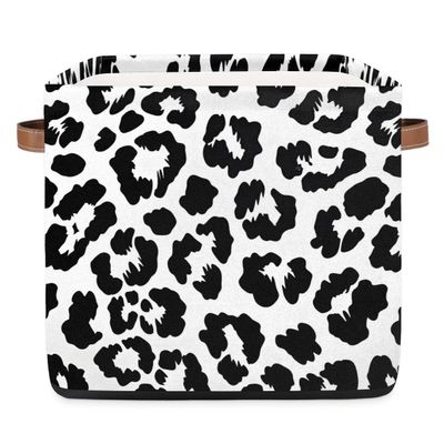JMAVZWS Animal Leopard Print Cube Storage Bins 13 inches Fabric Storage Baskets with Leather Handles Shelf Organizers Collapsible Closet Cube Bins for Clothes Home