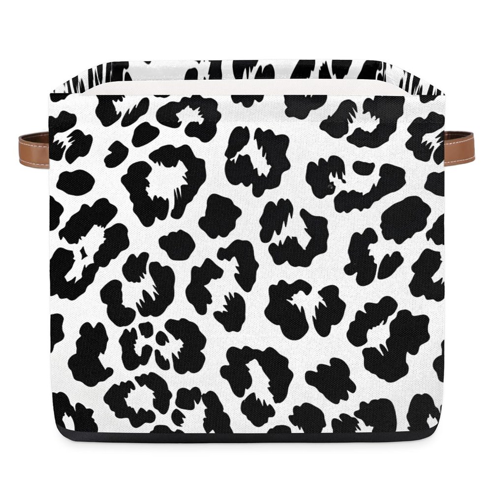 JMAVZWS Animal Leopard Print Cube Storage Bins 13 inches Fabric Storage Baskets with Leather Handles Shelf Organizers Collapsible Closet Cube Bins for Clothes Home
