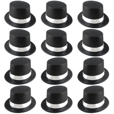 12 Pcs Plastic Top Hats Bulk Black Magician Hat Glitter Top Hat with Silver Band for Men Women Kids Masquerades Birthday Party Dress Up