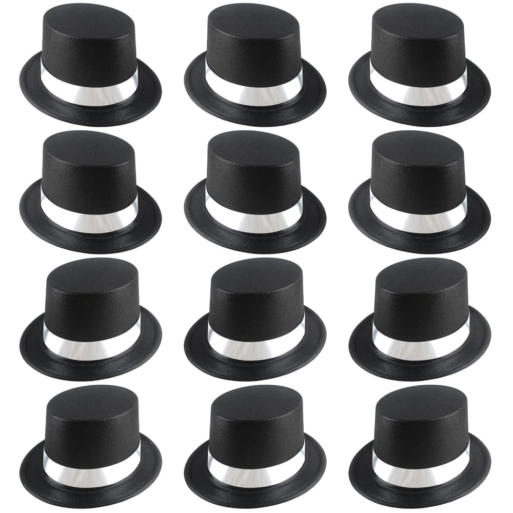 12 Pcs Plastic Top Hats Bulk Black Magician Hat Glitter Top Hat with Silver Band for Men Women Kids Masquerades Birthday Party Dress Up