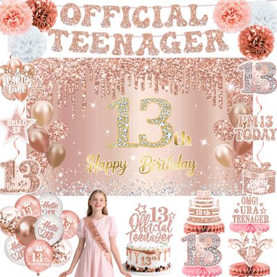 13th Birthday Decorations for Girls  53pcs Official Teenager Decorations Backdrop, Banner, Honeycomb Centerpieces, Hanging Swirls, Foil & Latex Balloon, Cake & Cupcake Toppers, Sash, Pom Poms