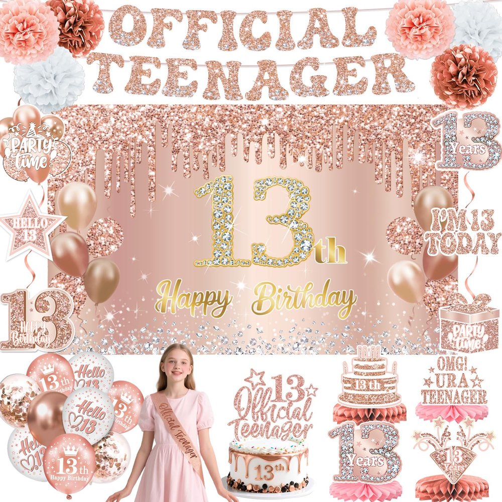 13th Birthday Decorations for Girls  53pcs Official Teenager Decorations Backdrop, Banner, Honeycomb Centerpieces, Hanging Swirls, Foil & Latex Balloon, Cake & Cupcake Toppers, Sash, Pom Poms