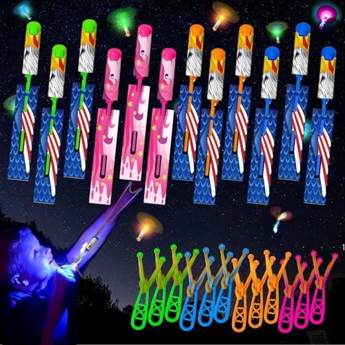 72 Pcs LED Slingshot Flying Toys for Kids with 36Pcs Slingshots+36Pcs Glow Helicopters Glow in The Dark Rocket Launcher Outdoor Light Up Toys Easter Gifts Valentines Party Favors for kids 4-8 8-12