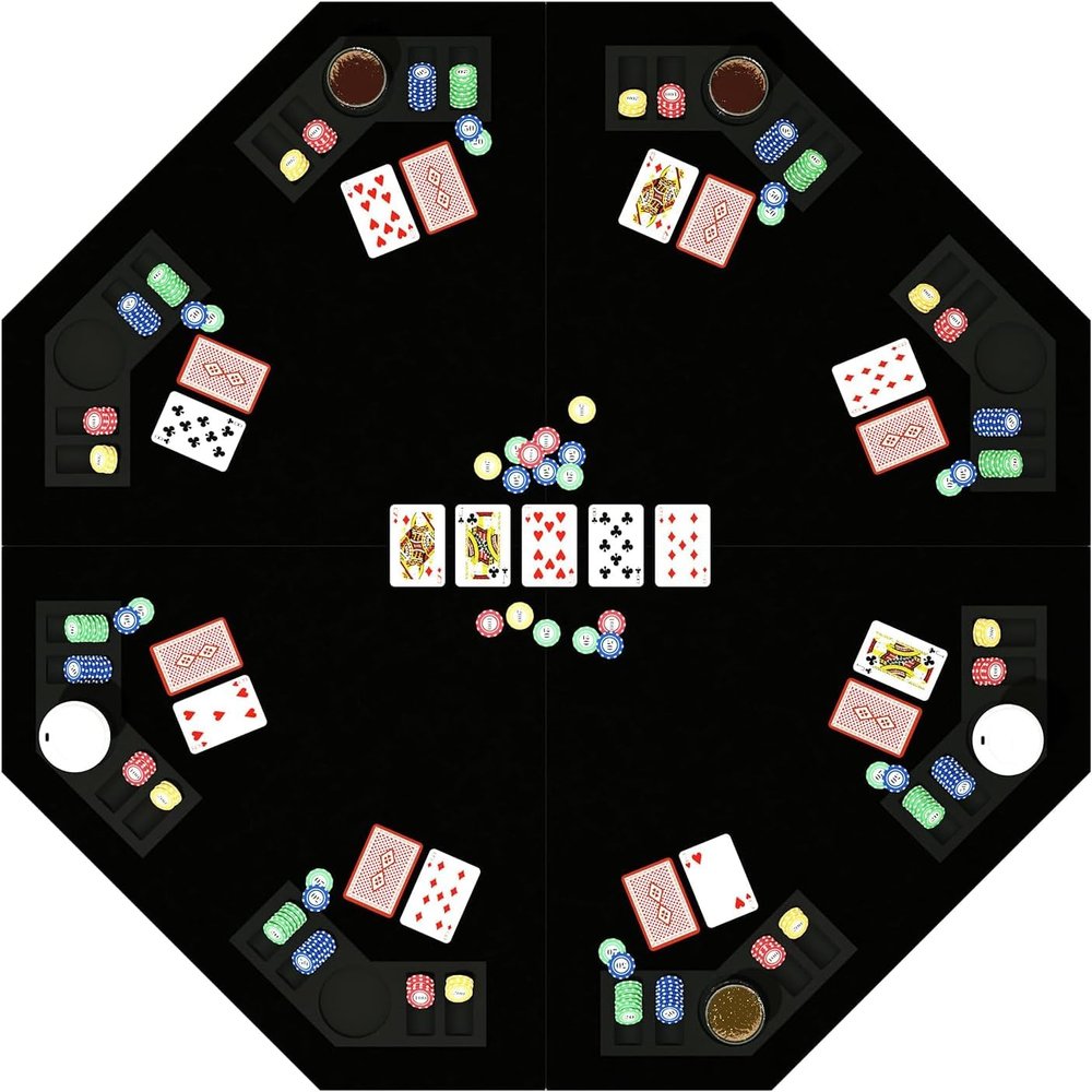 48 Inch Foldable Poker Table Top for 8 Players, Octagon Poker Table Topper with Chips Tray & Cup Holders, Professional Texas Holdem Poker Table Mat Layout with Carrying Bag for Card Casino Games