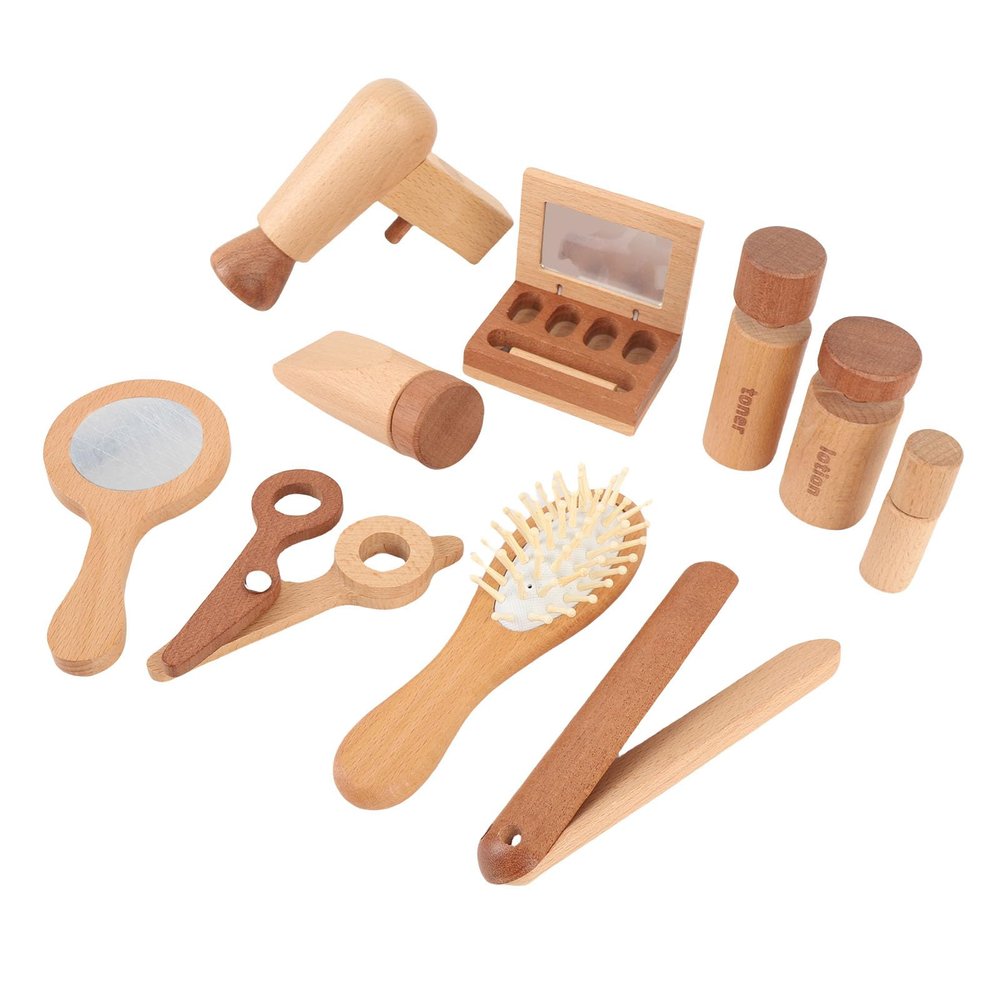 RiToEasysports Wooden Makeup Toy Pretend Makeup Kit Toddler for Girls with Hairdryer Mirror Creative Play Princess Role Play Safe Durable
