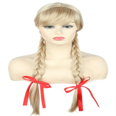 LeMarnia Horror Doll Wigs for Girls Blonde Braid Wigs with Bangs and Red Bow Halloween Costume Wig