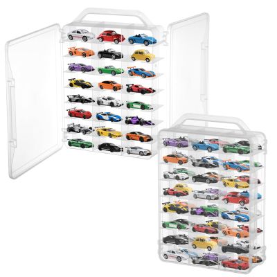 2Pcs Double Sided 1/64 Scale Toy Car Storage Case with Carrying Handle, Portable Transparent Storage Case Compatible with Matchbox Car Hot Wheels, 92 Slot Transparent Organizer for 96 Toy Cars