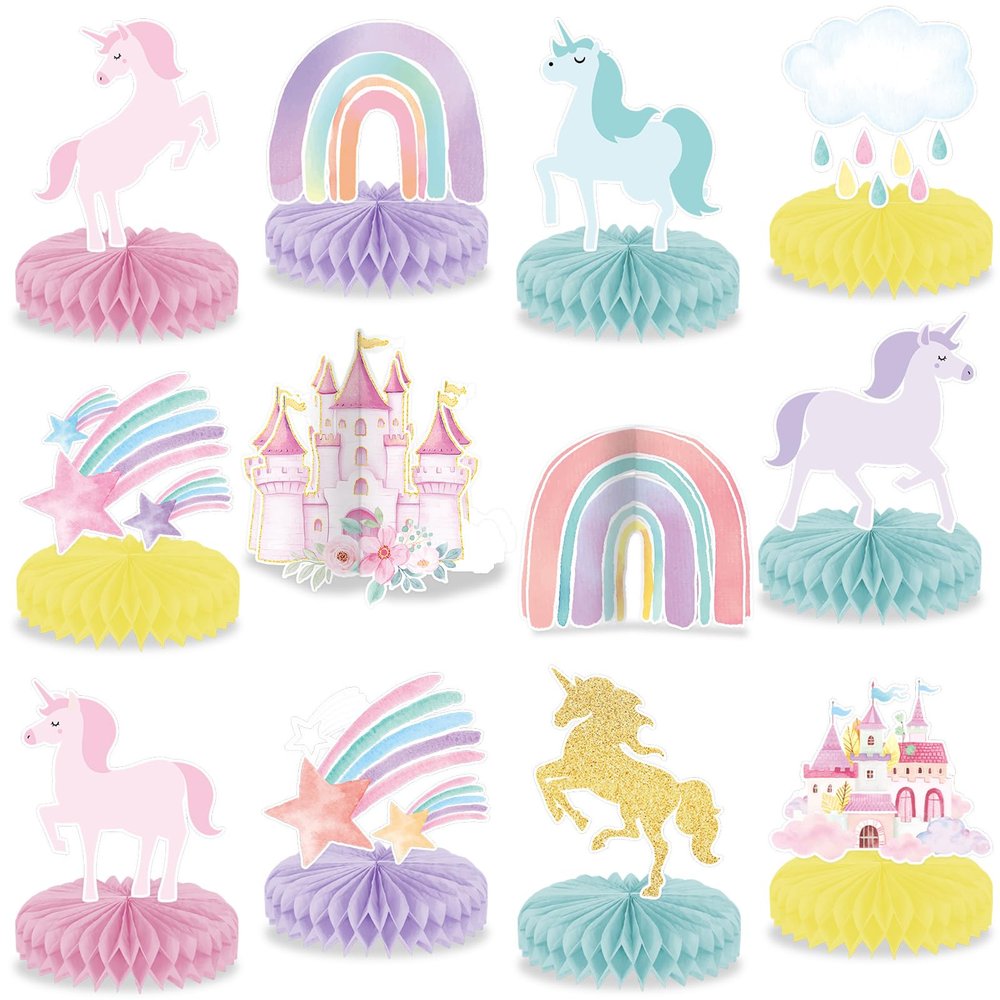 12Pcs Unicorn Rainbow Honeycomb Centerpieces Magical Pastel Unicorn Party Decoration Pastel Rainbow Castle Table Topper Centerpiece for Girls Princess Theme Happy Birthday Baby Shower Party Decor