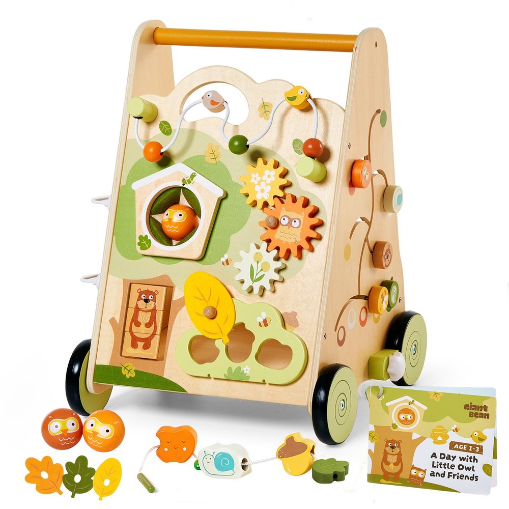 Wooden Baby Walker with Activity Center, Forest Themed Montessori Push Toy for Toddlers 13, Bead Maze, Shape Sorter, Gears, Puzzles & Fine-Motor Learning, Speed Adjustable Wood Walker for First Steps