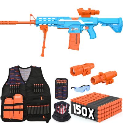 Hozor TriFireX Rechargeable Motorized Blaster Tactical Vest Kit, Multi-Play Styles, 3 Firing Modes, 2 Clips, 150 Foam Darts, Kids Toys & Gifts.
