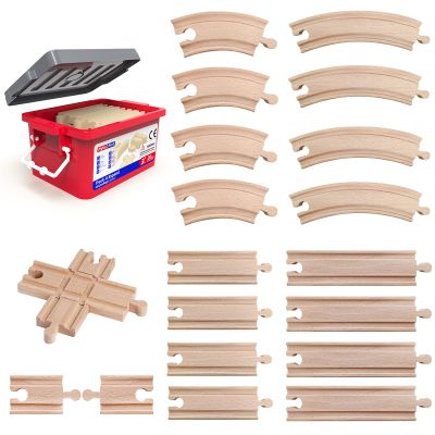 MykaFort 20-Piece Wooden Train Track Expansion Pack A with Storage Box,Made of Beechwood,Compatible with Brio-Curved & Straight Tracks with X-Crossing-Toy Railway Accessories for Kids Ages 3+