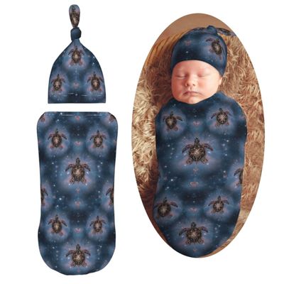 Muishi Starry Sky Turtle Newborn Swaddle Blankets Hat Sets Soft Baby Receiving Blanket Swaddle Sack for Baby Shower Infant Boy Girl Gift