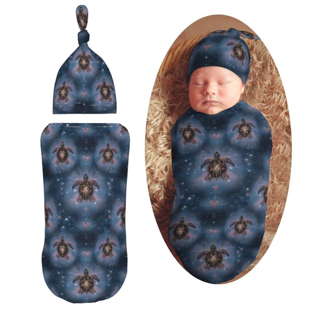 Muishi Starry Sky Turtle Newborn Swaddle Blankets Hat Sets Soft Baby Receiving Blanket Swaddle Sack for Baby Shower Infant Boy Girl Gift