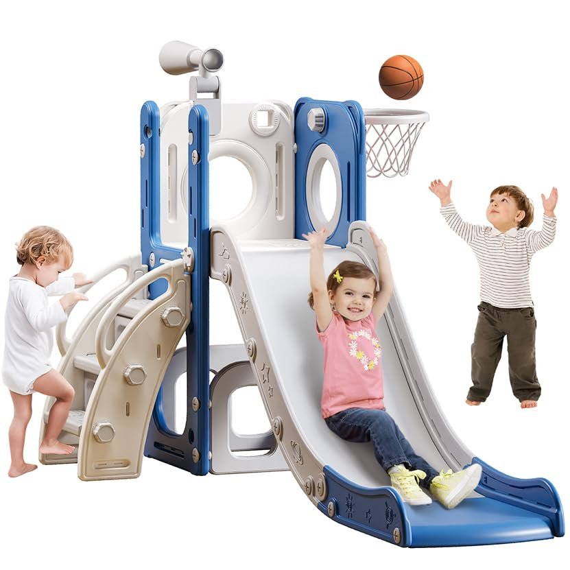 6 in 1 Toddler Playset with Slide, Kids Slide with Basketball Hoop, Ball, Ring Toss, Indoor Outdoor Toys (Blue)