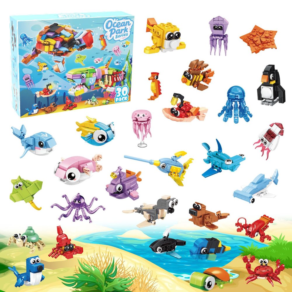 TWERF 30 Packs Ocean Party Favors for Kids 895 PCS Mini Marine Animals Building Blocks for Goodie Bag Stuffers Bulk Classroom Prizes Easter Basket Birthday Party Favors for Boys Girls Ages 6-8-12