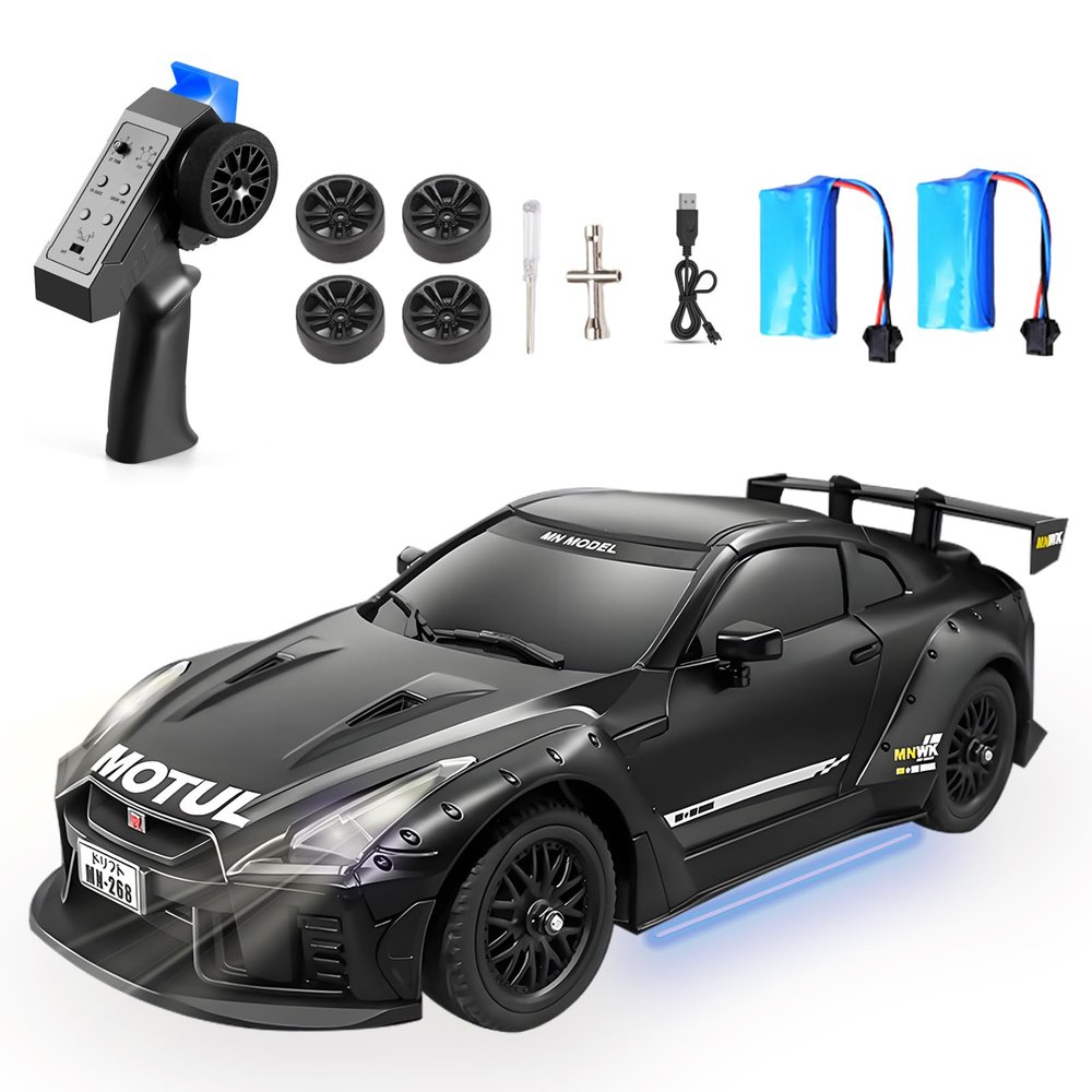 Authticar RC Drift Car, 1:16 Scales MN268 GTR Remote Control Drift Car with Gyro, LED Lights, Drifting Tires, 4WD 20 KM/H High Speed Drifting Vehicle Hobby RC Toys for Adults and Teens (2 Batteries)
