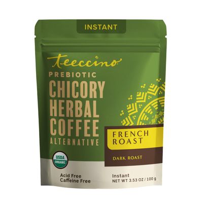 Teeccino Instant Organic French Roast Herbal Coffee 33 servings Instant Chicory Coffee Alternative with Microground Ramn Seeds Thats Prebiotic, Caffeine-Free & Acid Free - 3.53 ounces