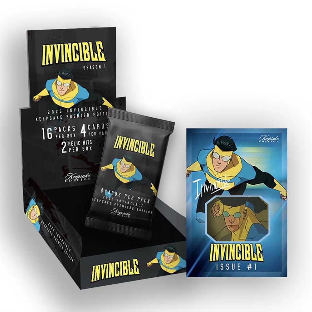 2025 Invincible Season 1 Keepsake Premiere Hobby Box: 16 Packs Per Box, Two Guaranteed Relics, Chase Rare Autos and Patches