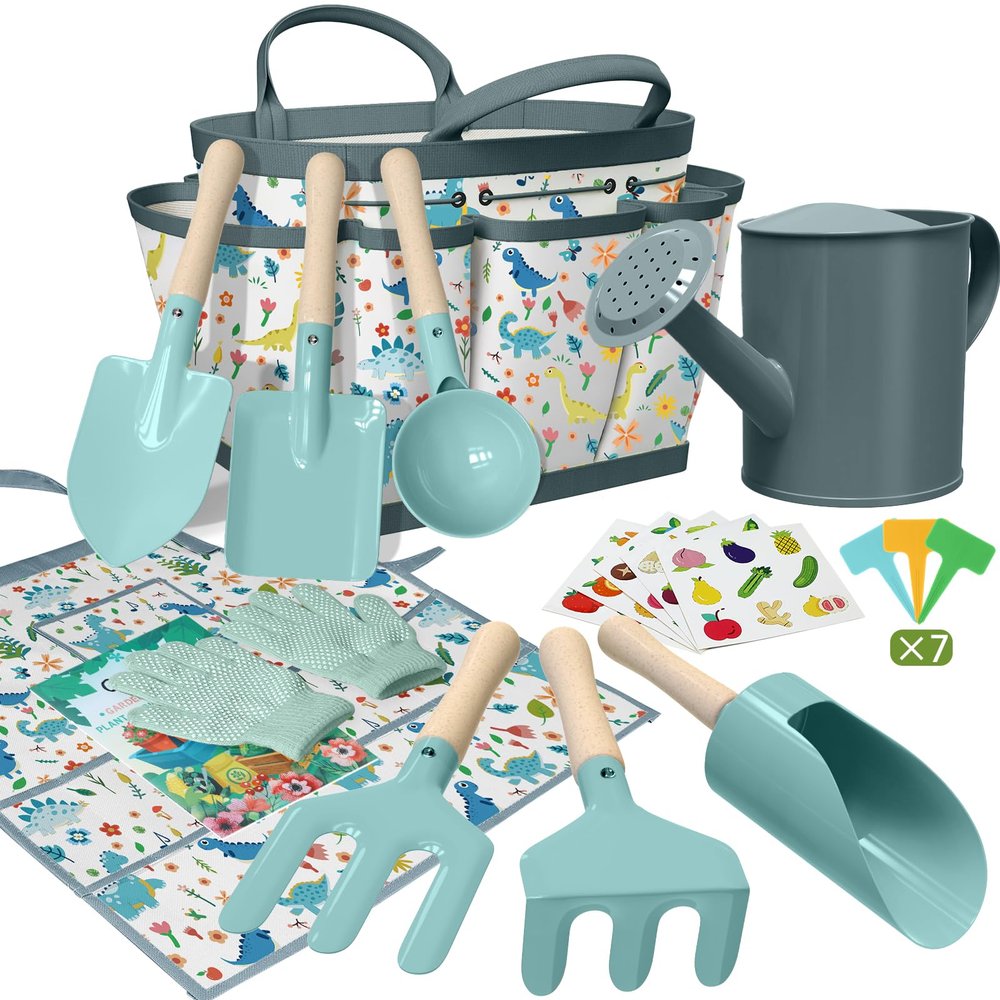 Kids Gardening Set 14Pcs Gardening Tools for Kids with Tote Bag,Watering Can, Shovel, Apron, Garden Book and More Educational STEM Learning Outdoor for Toddlers Boys Girls (Dinosaur Blue)