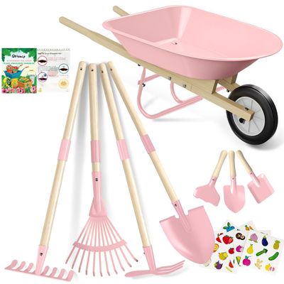 Qtioucp Kids Wheelbarrow Set with Gardening Tools Outdoor Backyard Garden Play for Toddlers Boys Girls 3-8, with Shovel, Rake, Leaf Rake, Easter Birthday Gifts (Pink Garden Set)