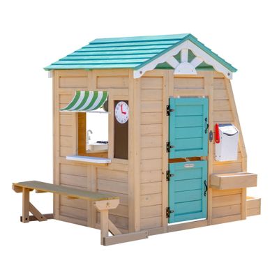 Teamson Kids Agnes Wooden Playhouse with Garden Window, Fixed Bench & Flower Boxes, Tan
