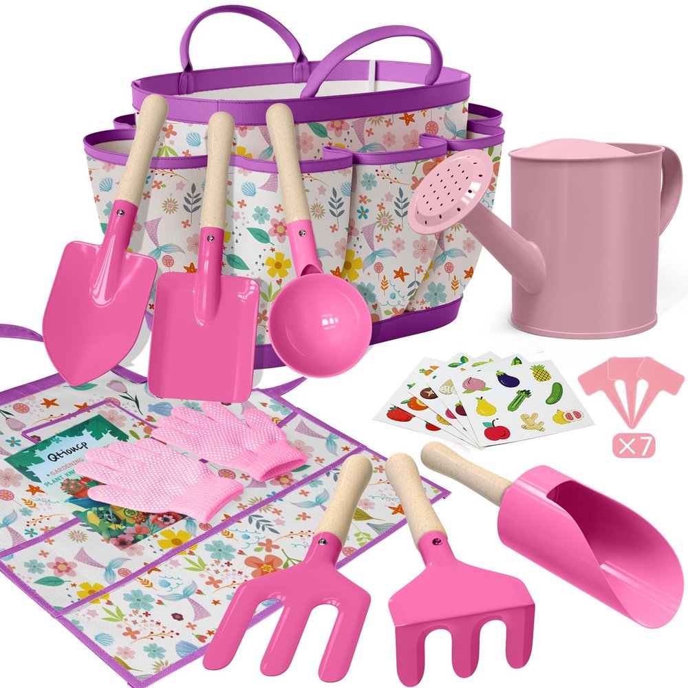 Kids Gardening Set 14Pcs Gardening Tools for Kids with Tote Bag,Watering Can, Shovel, Apron, Garden Book and More Educational STEM Learning Outdoor for Toddlers Boys Girls (Mermaid Rose Red)