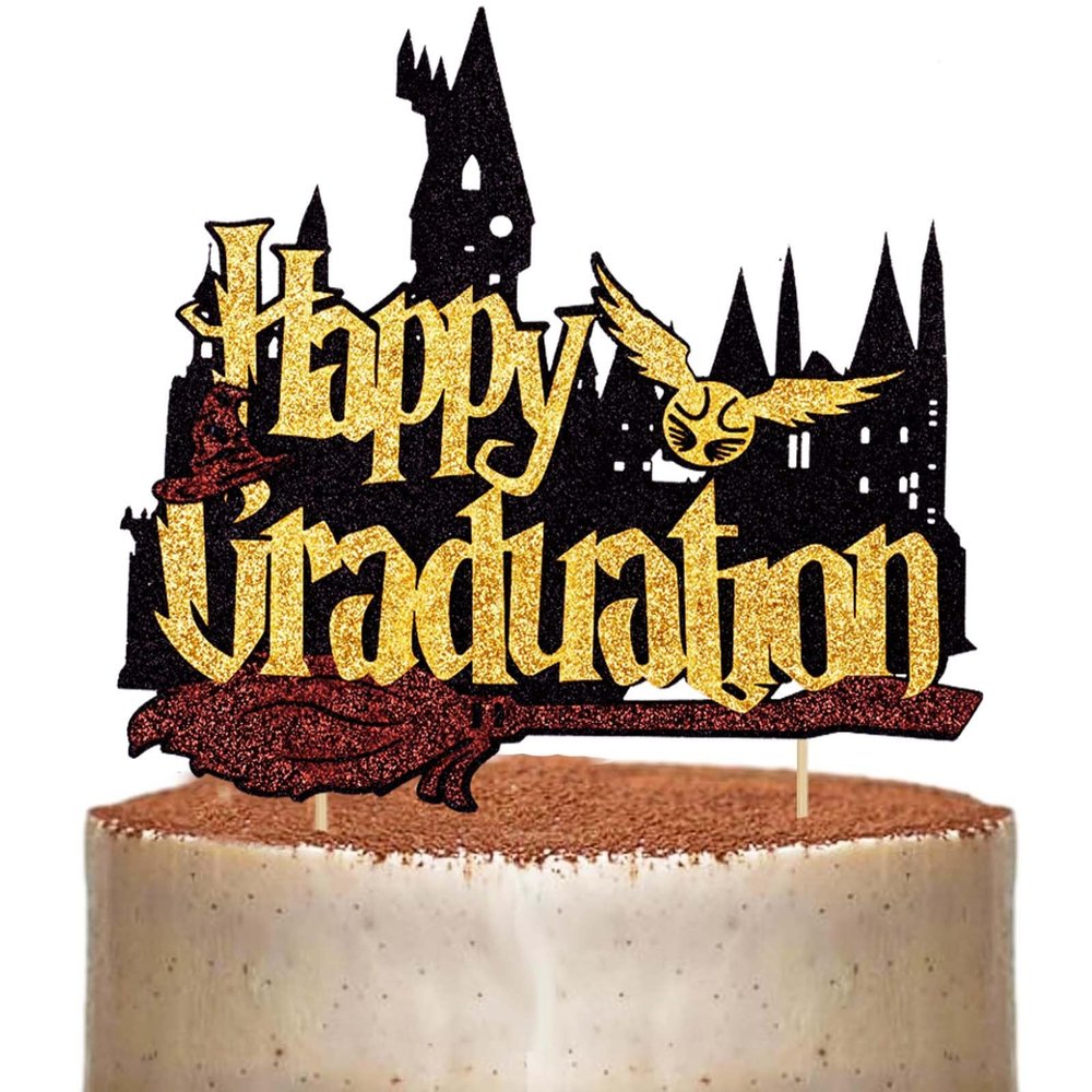 2025 Wizard Academy Graduation Cake Topper Bundle 24 Glitter Cupcake Toppers with Hat & Broomstick Black Gold Magical School Party Decor
