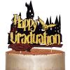 2025 Wizard Academy Graduation Cake Topper Bundle 24 Glitter Cupcake Toppers with Hat & Broomstick Black Gold Magical School Party Decor view 1