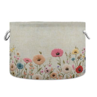 Emelivor Round Canvas Storage Basket - Poppy Flowers Beige Round Storage Basket Closet Storage Bin for Nursery Laundry Hamper Clothes Bedroom Office