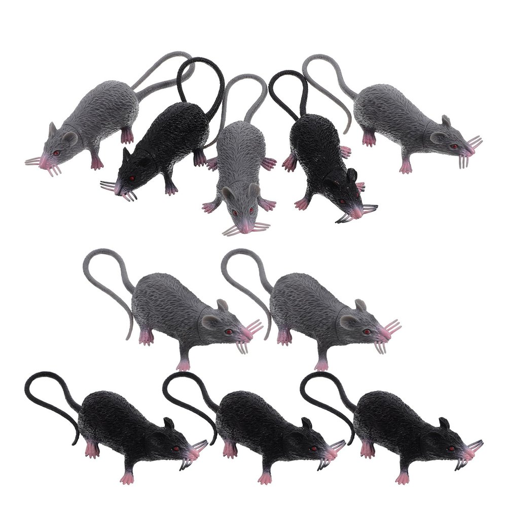 10pcs Halloween Fake Rats 8.65 inch Realistic Mouse Plastic Rat Terror Mouse Prank for Halloween Party Decoration Supplies (Black, Gray)