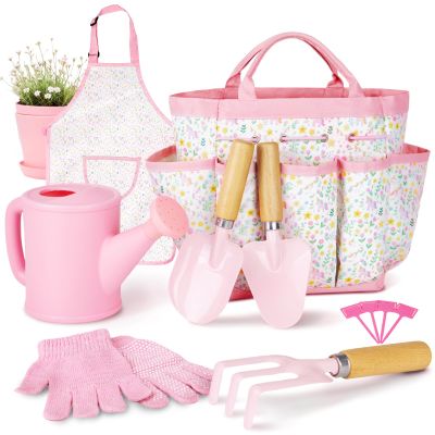 Kids Gardening Set, Gardening Tools Kit for Kids and Toddler, Includes Wooden Rake, Two Shovels, Gloves, Watering Can, Apron, and Tote Bag, Outdoor Toys for Girl Boy, Pink