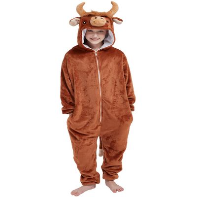 ABENCA Highland Cow Onesie Kids Costume Animal Girls One Piece Pajamas Cosplay Halloween Christmas.Brown.140