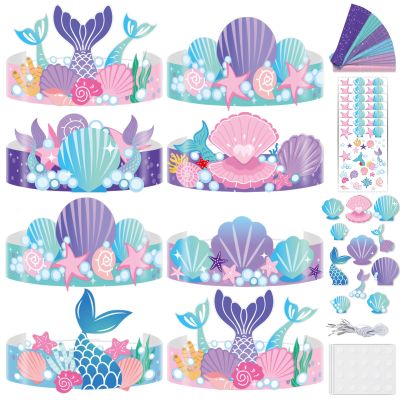 24 Pcs Mermaid Birthday Party Crowns Under the Sea Ocean DIY Crown Craft Kits Art Set Kids Paper Mermaid Party Favor Hats Paper Princess Headband Making Kit Party Decorations Supplies for Girls Boys
