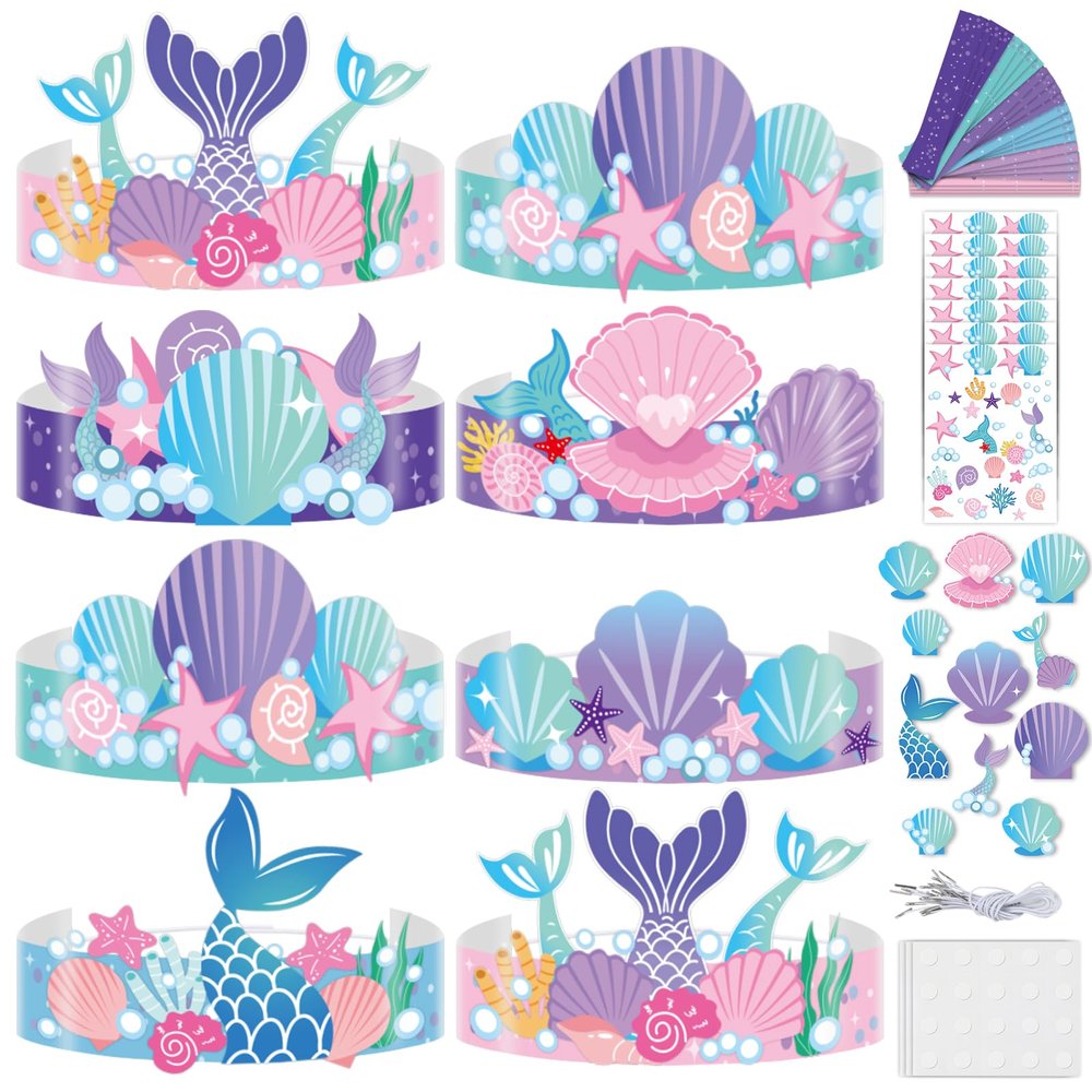 24 Pcs Mermaid Birthday Party Crowns Under the Sea Ocean DIY Crown Craft Kits Art Set Kids Paper Mermaid Party Favor Hats Paper Princess Headband Making Kit Party Decorations Supplies for Girls Boys