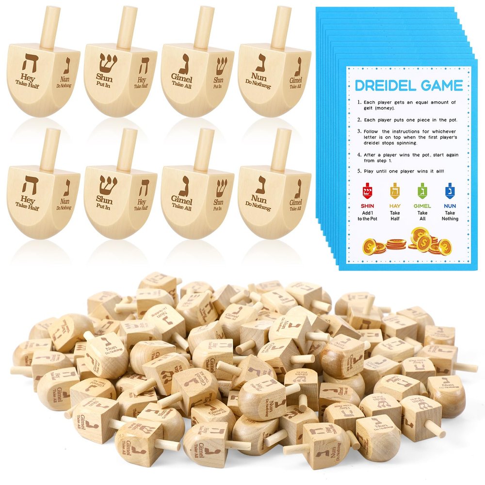 Wettarn 100 Pieces Hanukkah Dreidels Bulk Wooden Hanukkah Dreidels with Game Instruction Cards for Party Game(Size 1,Basic Style)