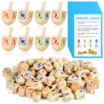 Wettarn 100 Pieces Hanukkah Dreidels Bulk Wooden Hanukkah Dreidels with Game Instruction Cards for Party Game(Size 1,Chic Style)
