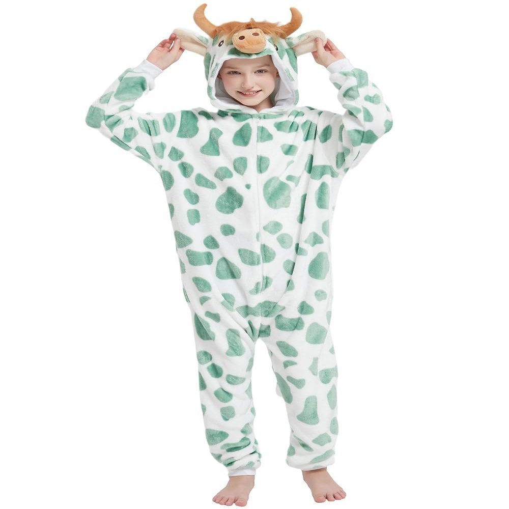 ABENCA Highland Cow Onesie Kids Costume Animal Girls One Piece Pajamas Cosplay Halloween Christmas.Green.120