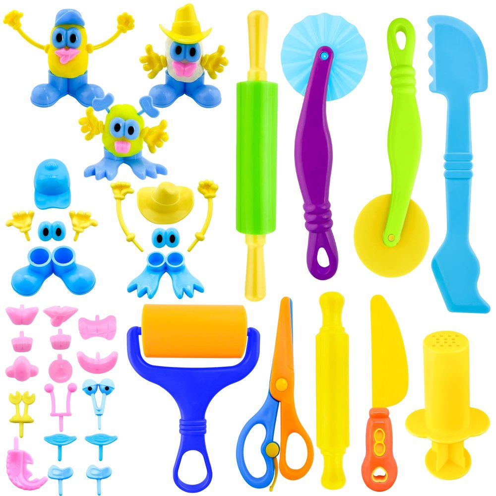Dough Play Tools for Kids,35pcs Clay Tools Play Accessories with Cutters, Roller, Rolling Pins, Safety Scissors, Plastic Knife, Dough Body Part