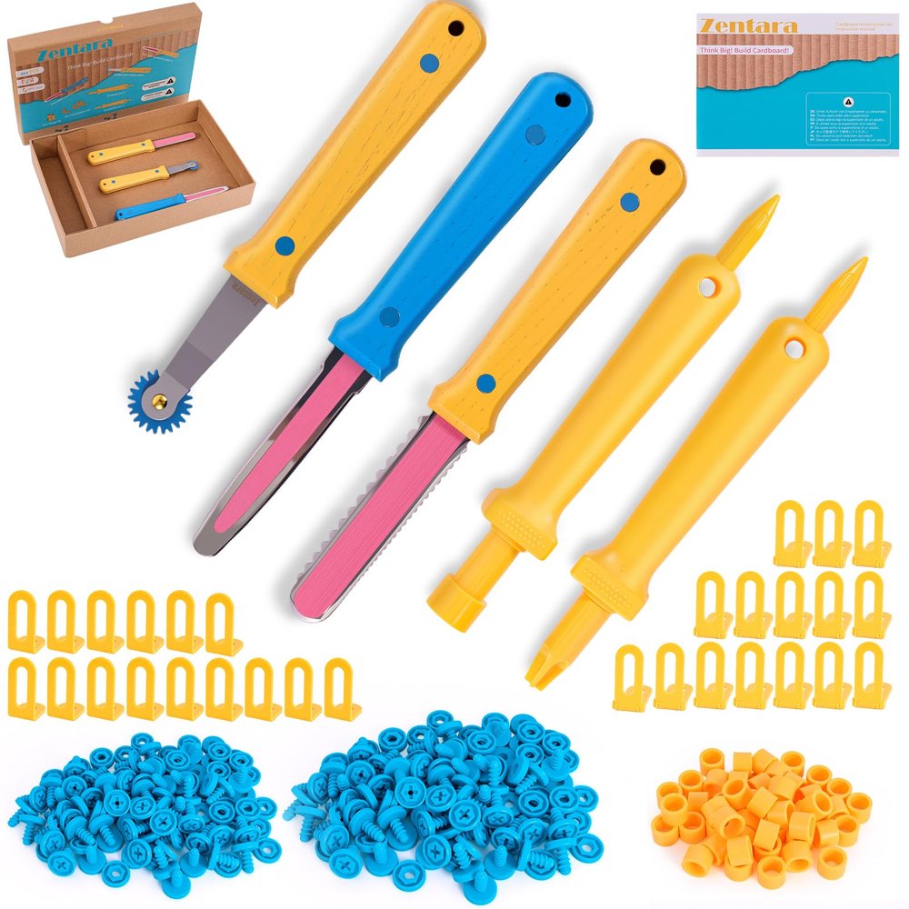 Zentara Cardboard Construction Toolbox Set with Wood Handle 401PCS Complete Building Kit with Safe Cardboard Cutters for DIY Craft Item | STEM and STEAM Educational Toys for Boys and Girls Age 5+