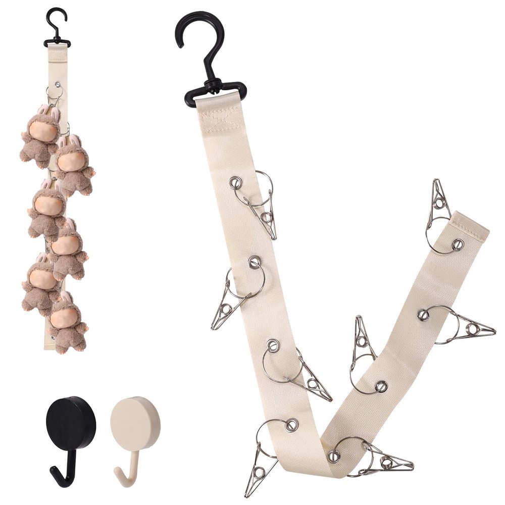 Lyreh Doll Hanging Organizer, Stuffed Animal Chain with 8 Metal Clips Plush Toy Display Strap with 2 Extra Hooks for Organizing and Display Storage Stuffed Animal Toy (No Dolls Included, White)