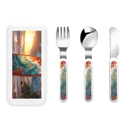 3-Piece Children Utensils Set Colorful surfboard Knife Spoon Fork Set Stainless Steel Silverware Set Easy-Grip Reusable Utensils Set Child Flatware Set with Case for Lunch Travel