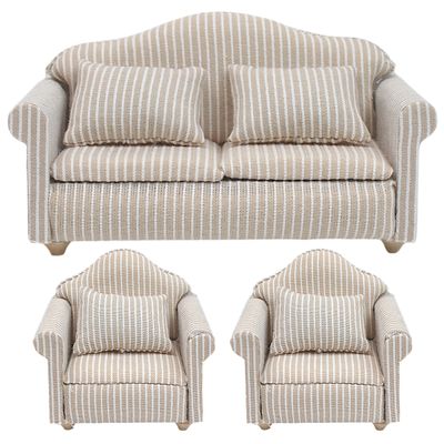 3pcs Dollhouse Couch, 1/12 Scale Living Room Furniture Accessory, Timeless Classic Miniature Double & Single Couch with Pillow, Upholstered Sofa Armchair Set Accessories for Bedroom Sectional Dcor