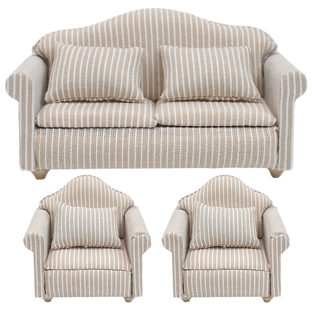 3pcs Dollhouse Couch, 1/12 Scale Living Room Furniture Accessory, Timeless Classic Miniature Double & Single Couch with Pillow, Upholstered Sofa Armchair Set Accessories for Bedroom Sectional Dcor