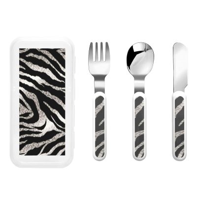 3-Piece Children Utensils Set Black and white zebra print Knife Spoon Fork Set Stainless Steel Silverware Set Easy-Grip Reusable Utensils Set Child Flatware Set with Case for Lunch Travel