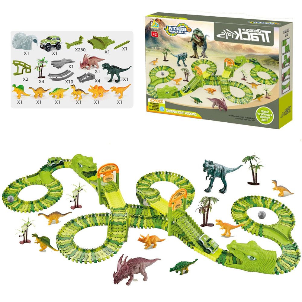 GLOTOYS Dinosaur Race Track Playset with Dinosaur Figures & Slot Car Race Tracks for Kids, DIY Puzzle Building Set, Dinosaur Winding Road Rail Car, for Boys & Girls (XC266A)