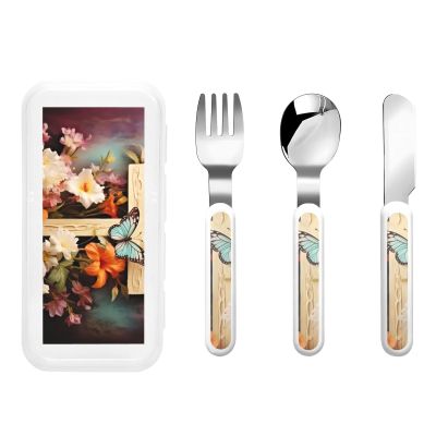 3-Piece Children Utensils Set Flower branches on the cross Knife Spoon Fork Set Stainless Steel Silverware Set Easy-Grip Reusable Utensils Set Child Flatware Set with Case for Lunch Travel