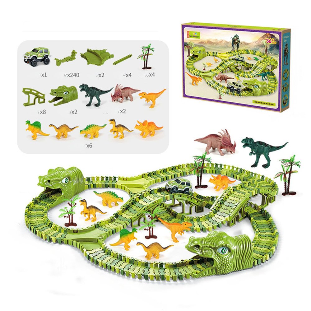 GLOTOYS Dinosaur Race Track Playset with Dinosaur Figures & Slot Car Race Tracks for Kids, DIY Puzzle Building Set, Dinosaur Winding Road Rail Car, for Boys & Girls (XC256A)