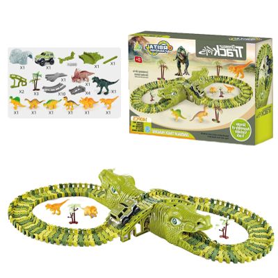 GLOTOYS Dinosaur Race Track Playset with Dinosaur Figures & Slot Car Race Tracks for Kids, DIY Puzzle Building Set, Dinosaur Winding Road Rail Car, for Boys & Girls (XC256C)