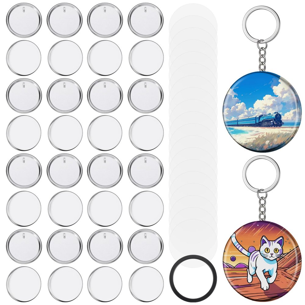 58 mm/ 2.25 Inch Metal Button Badge Sets, 100 Sets Button Maker Keychains Supplies, Including Metal Shell, Plastic Film, Backing Parts, Keychains, Perfect for Button Maker Machine & Badge Press